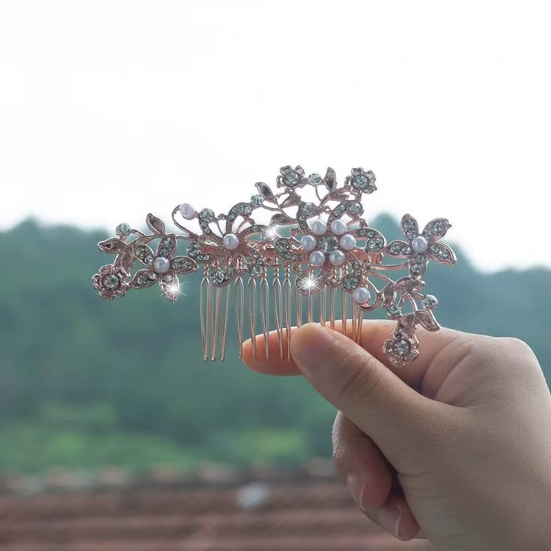 European and American bridal headdress rhinestone hair comb international station hot-selling pearl flower hair ornament bridesmaid jewlry hairpin comb