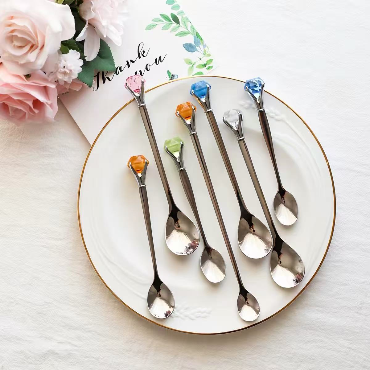 Authentic diamond stainless steel long handle stirring spoon coffee spoon cute crystal dessert spoon fruit fork cake fork
