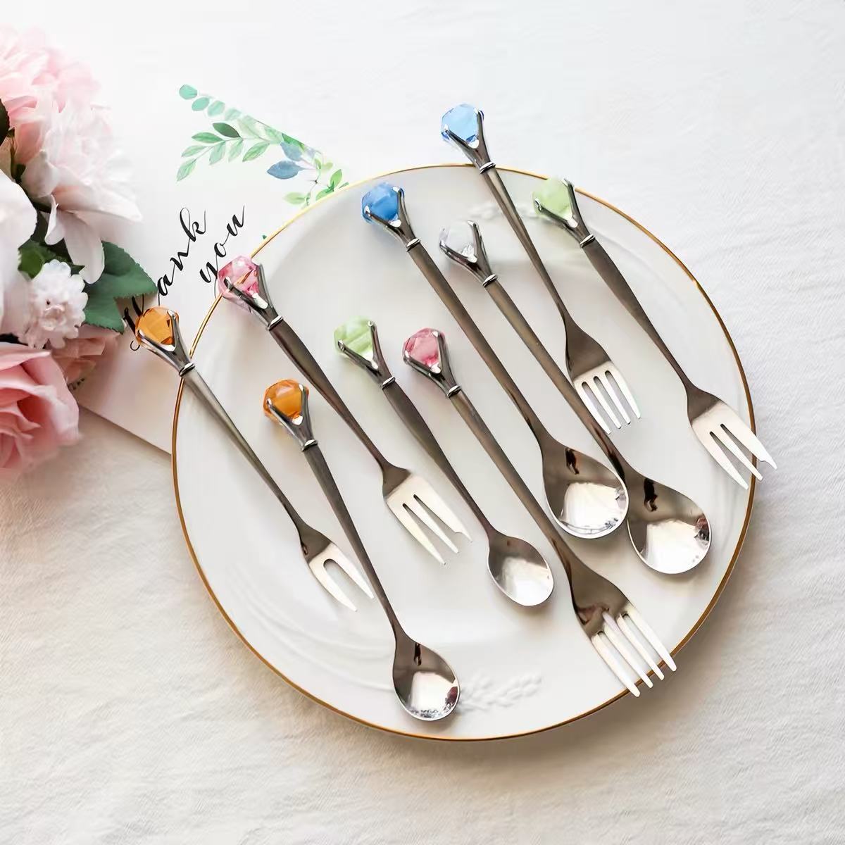 Authentic diamond stainless steel long handle stirring spoon coffee spoon cute crystal dessert spoon fruit fork cake fork