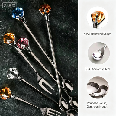 Authentic diamond stainless steel long handle stirring spoon coffee spoon cute crystal dessert spoon fruit fork cake fork